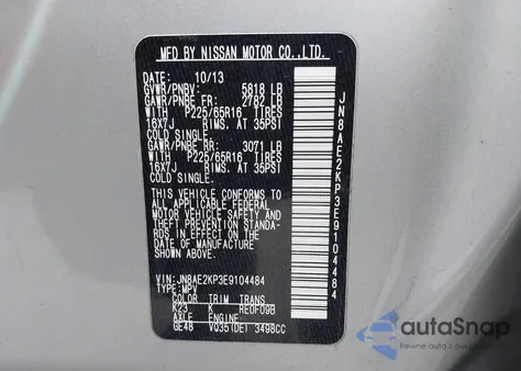 2014 Nissan Quest Sv z USA, uszkodzony, nr VIN JN8AE2KP3E9104484